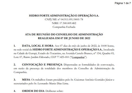 Hidro Forte S.A publica Ata de Reunião do Conselho de Administração