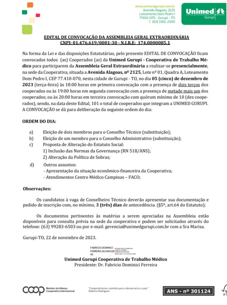Edital-Unimed.-2-761x1024 UNIMED GURUPI: EDITAL DE CONVOCAÇÃO DA ASSEMBLEIA GERAL EXTRAORDINÁRIA