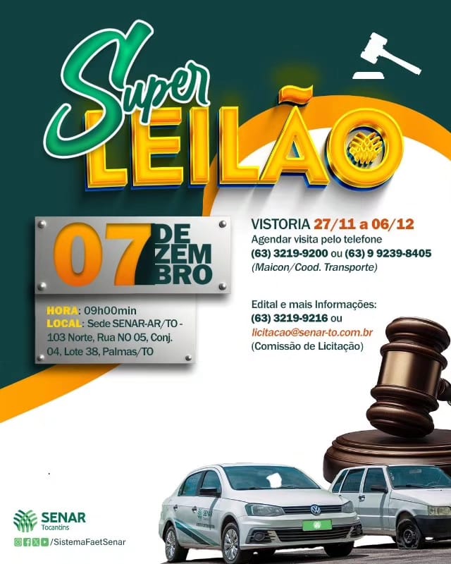 Leilao Serviço Nacional de Aprendizagem Rural (Senar), anúncialeilão de veículos na próxima quinta-feira, 07/12