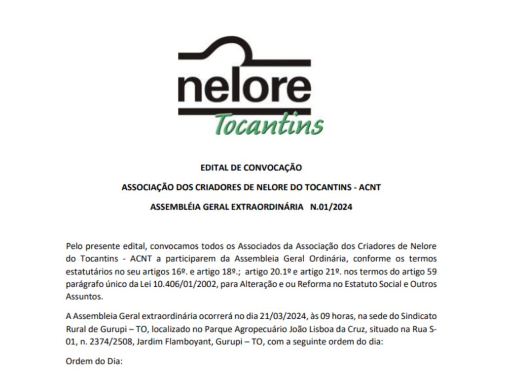 EDITAL DE CONVOCAÇÃO DA ACNT ASSEMBLÉIA GERAL EXTRAORDINÁRIA N.01/2024 ...