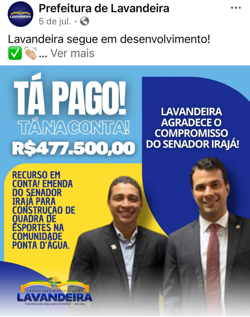 IMG_3445-808x1024 Emendas de R$ 6,8 milhões do senador Irajá para Lavandeira estão sendo investigadas pela CGU