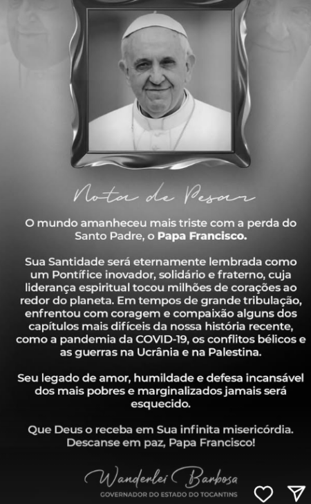 Wandelei Barbosa lamenta morte do papa Francisco: “O mundo amanheceu mais triste”
