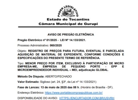 CÂMARA MUNICIPAL DE GURUPI: AVISO DE PREGÃO ELETRÔNICA