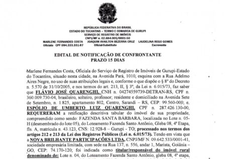 2ª Publicação: EDITAL DE NOTIFICAÇÃO DE CONFRONTANTE PRAZO 15 DIAS