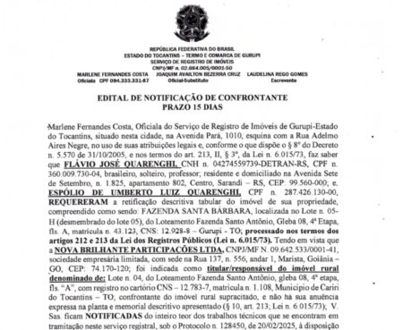 2ª Publicação: EDITAL DE NOTIFICAÇÃO DE CONFRONTANTE PRAZO 15 DIAS