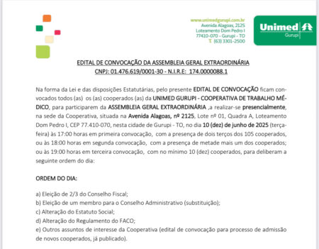 UNIMED: EDITAL DE CONVOCAÇÃO DA ASSEMBLEIA GERAL EXTRAORDINÁRIA