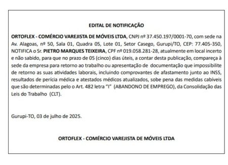 ORTOFLEX – COMÉRCIO VAREJISTA DE MÓVEIS LTDA: EDITAL DE NOTIFICAÇÃO