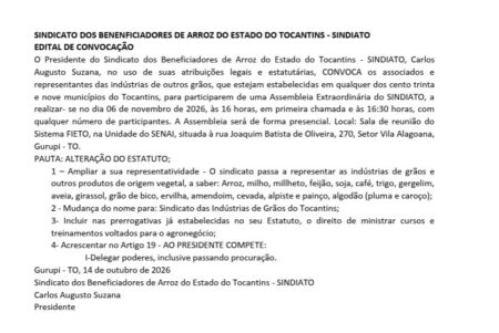 EDITAL DE CONVOCAÇÃO: SINDICATO DOS BENENFICIADORES DE ARROZ DO ESTADO DO TOCANTINS – SINDIATO
